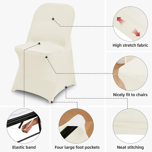 6 Packs Ivory Spandex Stretch Folding Chair Covers for Wedding Party,Universal Fitted Washable Dining Seat Slipcovers