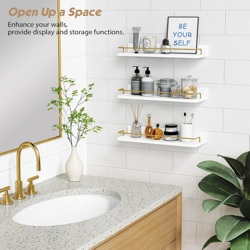 Set 3, Forbena Gold Floating Shelves for Wall Decor of Bathroom Shelves Over Toilet, Modern Display Wall Shelf