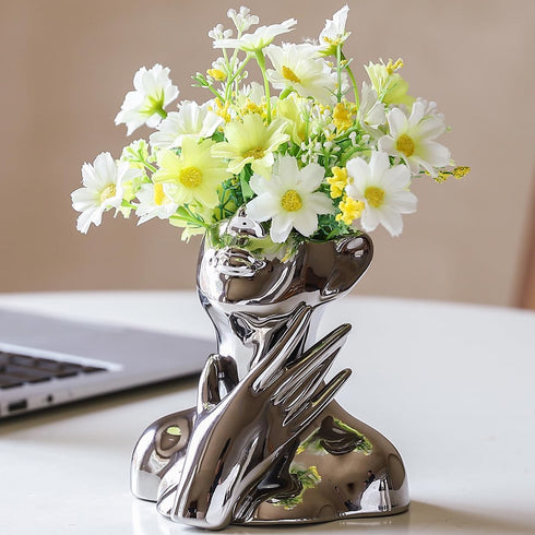 BrownLove Silver Ceramic Face Vase, Modern Silver Decorative Art Vase, Bookshelf Placed On