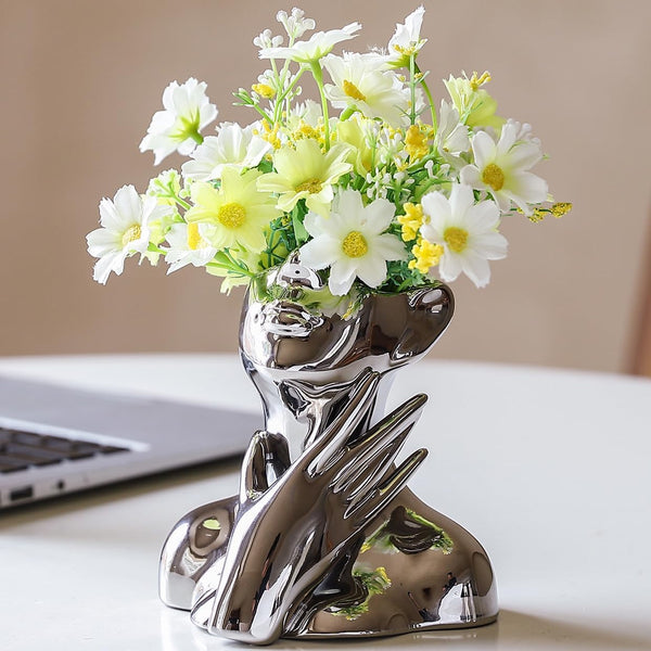 BrownLove Silver Ceramic Face Vase, Modern Silver Decorative Art Vase, Bookshelf Placed On