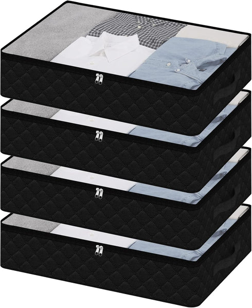 Fixwal 4 Pack Black Underbed Storage Bags with Clear Window, Reinforced Handles for Clothing and Bedding