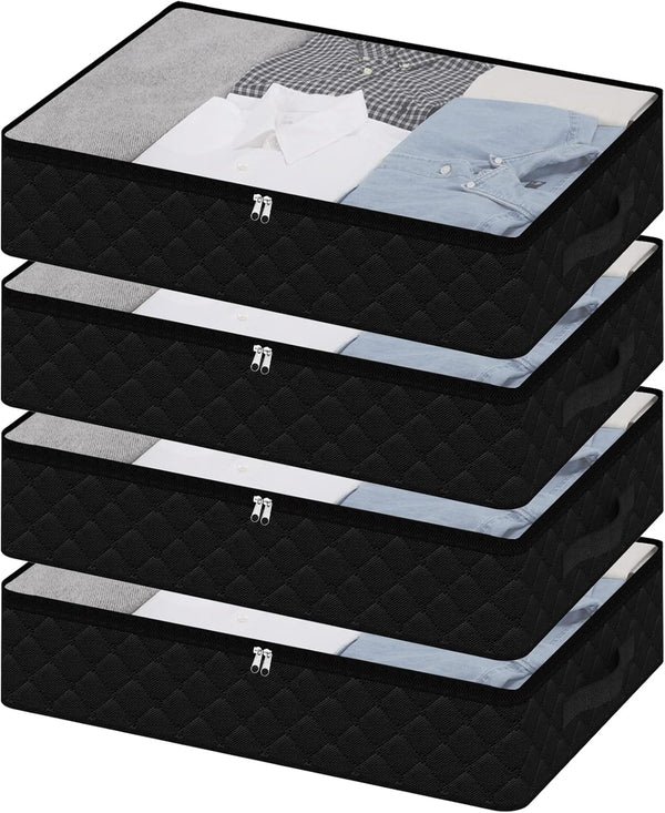 Fixwal 4 Pack Black Underbed Storage Bags with Clear Window, Reinforced Handles for Clothing and Bedding