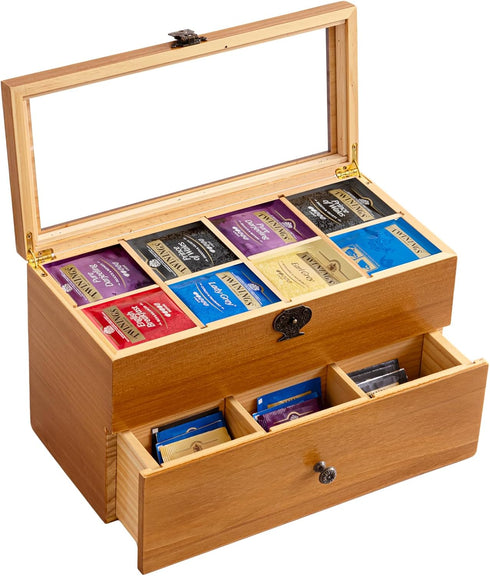 WELLAND Wood Tea Bag Organizer, Storage Box with Clear Acrylic Window, 2-layer
