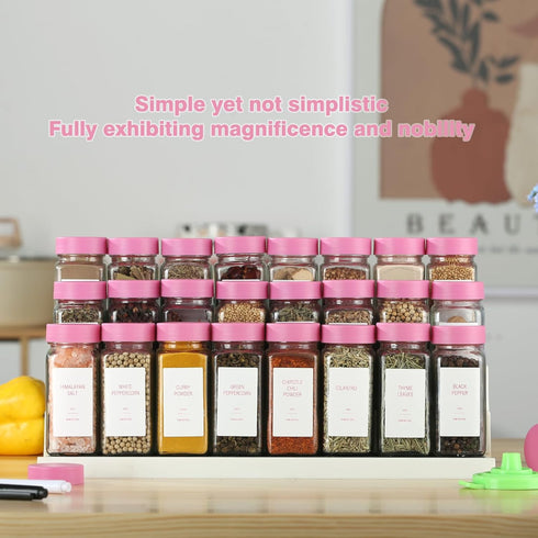 TESUNMU Label4oz 24) Pink Spice Jars with Seasoning Containers, Glass Spice Bottles with Shaker Lids,Funnel, Chalk Pen
