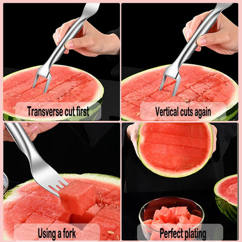 2 in 1 Stainless Steel Watermelon Slicer Cutter, Dual Head Fork Slicer, Fruit Cutting Tool for Picnics