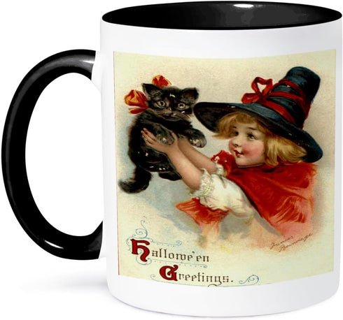3dRose "Halloween Greetings" Two Tone Black Mug, 11 oz, Multicolor, Cat, Girl, Costume, Trick or Treat, Witch
