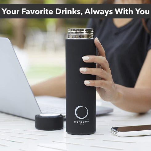 Pure Zen Tea Thermos with Infuser, Stainless Steel Leakproof Travel Mug for Hot and Cold Infusions, 15oz Black