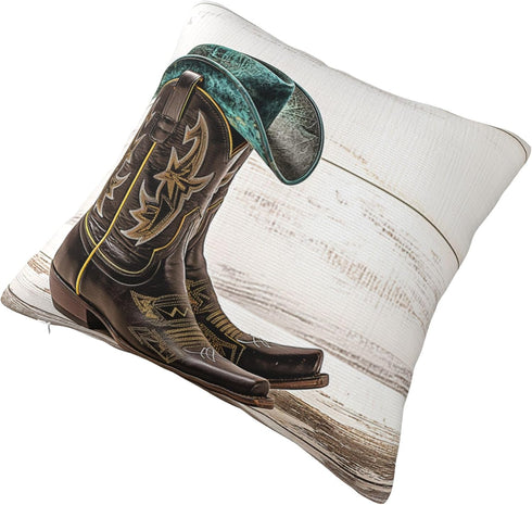 Western Cowboy Hat and Cowgirl Boots Decorative Throw Pillow Covers, 18x18 Inch Square Cushion Cover for Sofa Couch