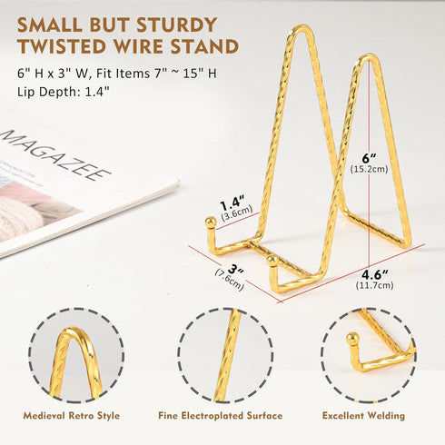 Plate Holder Easel Display Stand - 6 Inch Twisted Metal Wire Plate Stands - Picture Frame Stand - Tabletop Easels for Display Decorative Plates | Pictures | Books | Plaques | Tablets - 3 Pack - Gold