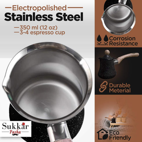 12 oz Turkish Coffee Pot, Arabic Coffee Ibrik Heavy-Duty Stainless Steel, Corrosion Resistant (350 ml)
