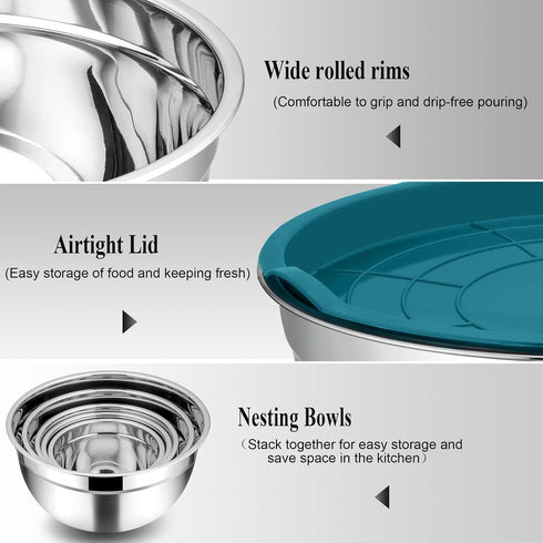 Mixing Bowl Set of 5 - TeamFar Stainless Steel 4.5/3/1.5/1/0.7 QT Metal Nesting Salad Bowls with Lids, Non-Toxic &