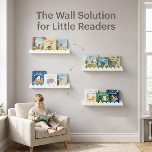 MZJZBN 4-Pack White Scalloped Nursery Shelves for Wall, Floating Book Shelves for Kids Room, Wall Mounted Kids