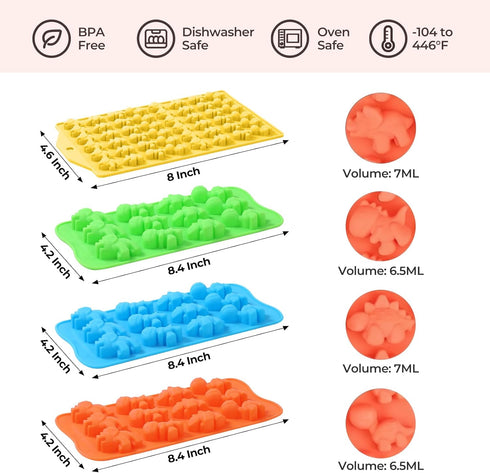 2 Sized Dinosaur Candy Molds - Regular and Mini Silicone Chocolate Molds, Nonstick Set of 5