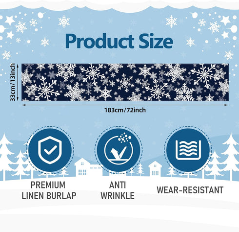 72 13 Inch x Christmas Table Runner, Navy Blue with White Snowflake Pattern for Winter Holiday Dining Table, Kitchen