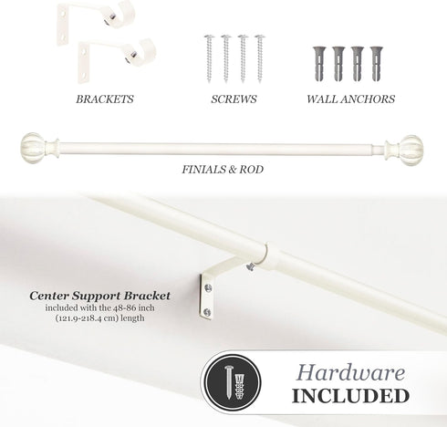 Kenney Rachel Fluted Ball Window Curtain Rod, Adjustable 28-48 Inch, Antique White