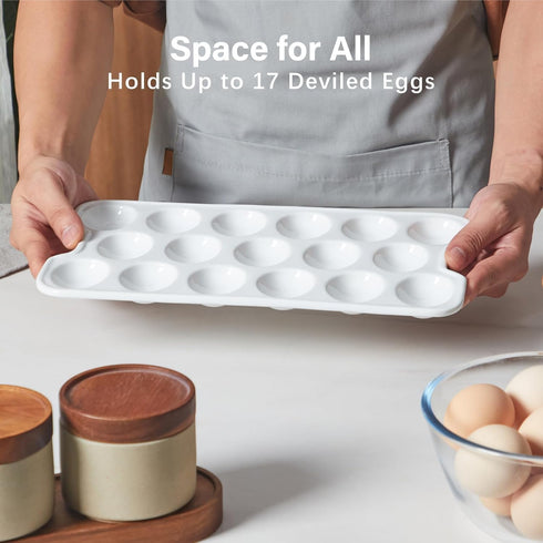17-Hole ONEMORE Ceramic Deviled Egg Platter, Christmas Deviled Egg Tray Rectangular Fridge Eggs Holder Appetizer