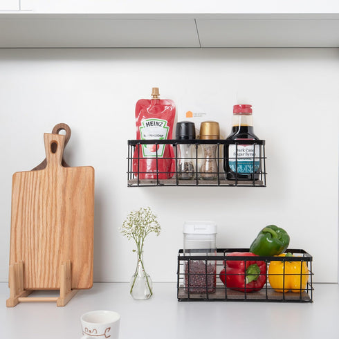 ROSE BLOOM Small Metal Wire Storage Basket: Decorative Wood Base Organizer for Bathroom, Kitchen, Wall Mounted or
