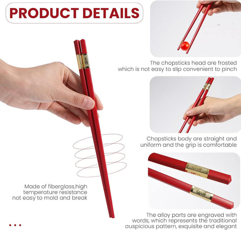 EORTA 10 Pairs Red Fiberglass Chopsticks, 24 CM, Reusable, Dishwasher Safe, Chinese Luck Words Printed