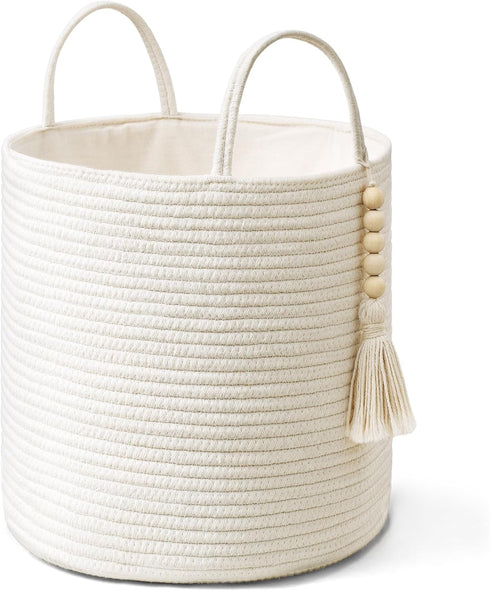 Mkono Small Decorative Cotton Rope Storage Basket with Bead Tassel, 11" White Organizer Bin with Handles