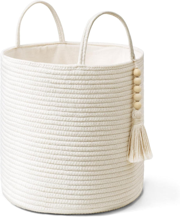 Mkono Small Decorative Cotton Rope Storage Basket with Bead Tassel, 11" White Organizer Bin with Handles