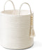 Mkono Small Decorative Cotton Rope Storage Basket with Bead Tassel, 11" White Organizer Bin with Handles