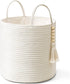 Mkono Small Decorative Cotton Rope Storage Basket with Bead Tassel, 11" White Organizer Bin with Handles