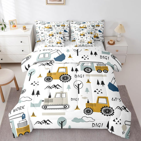 Set 7 Set Set Feelyou Cartoon Car Kids Comforter with Sheets Piece Twin Size Construction Bedding Boys Decor Equipment