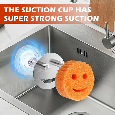 Dlilise Stainless Steel Smiley Face Sponge Daddy Holder, Brushed Silver Sink Caddy Organizer with Suction Cup