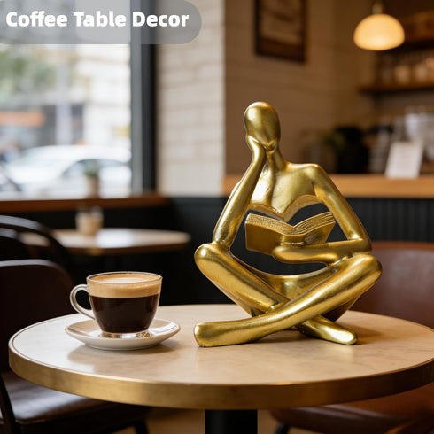 4.5 Inch Gold Reading Woman Statue, Thinker Sculpture for Bookshelf Decor, Modern Gold Home Accents, Coffee Table