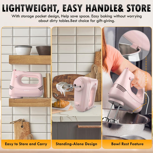 Electric Hand Mixer with Stainless Steel Whisk and Dough Hook - Handheld Mixer for Baking Cakes, PINK