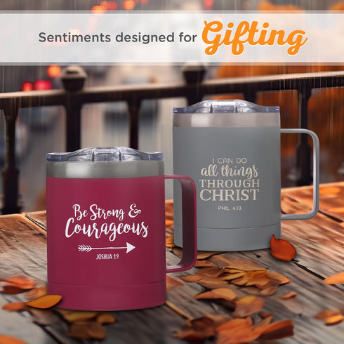 Christian Art Gifts Stainless Steel Double Wall Vacuum Insulated Camp Style Travel Mug 11 oz Gray with Lid and Handle