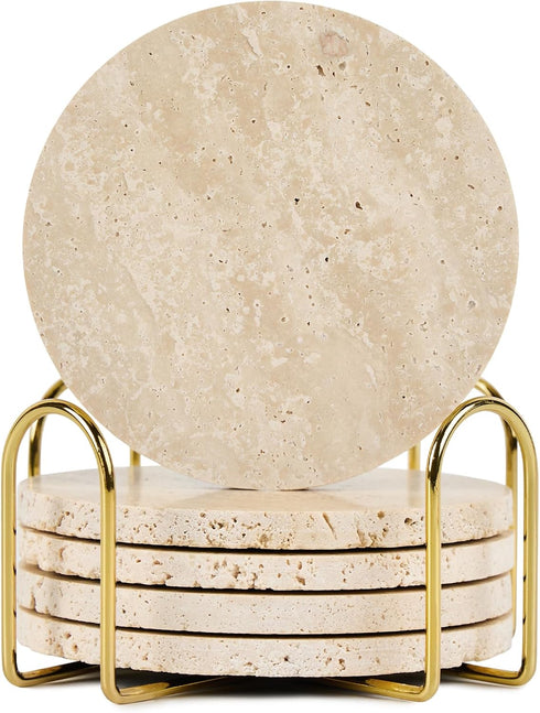 YONGHEE Italian Travertine Coasters Set of 5 with Holder, Round Beige Marble Drink