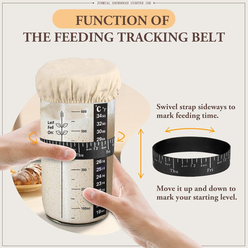 Sourdough Starter Kit - Sourdough Starter Jar with Date Marked Feeding Band, Thermometer, Cloth Cover & Metal Lid