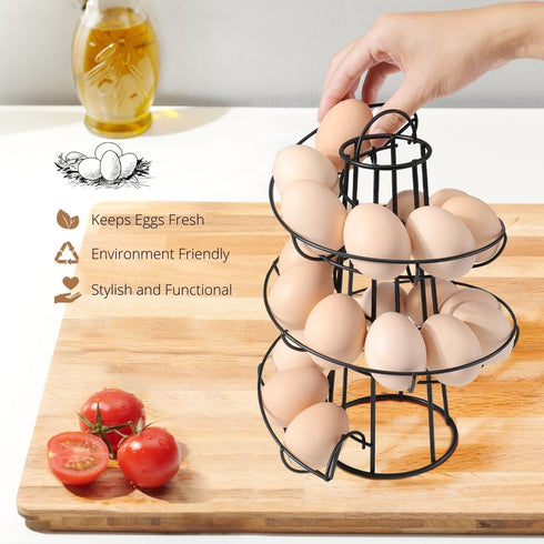 Flexzion Egg Skelter Modern Spiral Egg Holder Countertop (Medium Egg Display) - Freestanding Wired Countertop Egg Holder for Fresh Eggs, Dispenser Stand, Storage Rack for Kitchen, Black by Flexzion