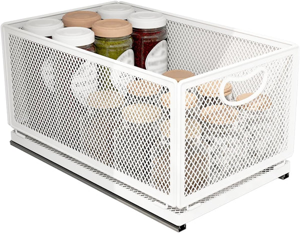 Sliding Cabinet Basket Organizer, Heavy Duty Carbon Steel Self Adhesive Slide Out Pantry Shelves for Kitchen
