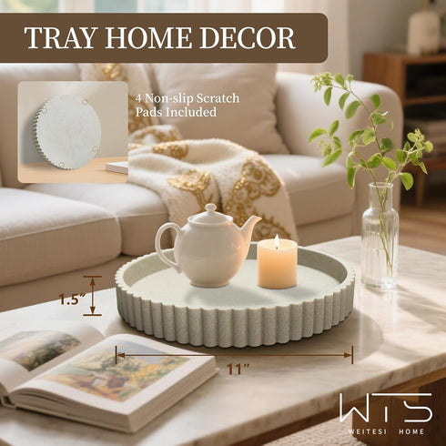 WEITESI HOME 11 Large Resin Decorative Tray for Coffee Table, Round Tray Decor for Living Room Coffee Table