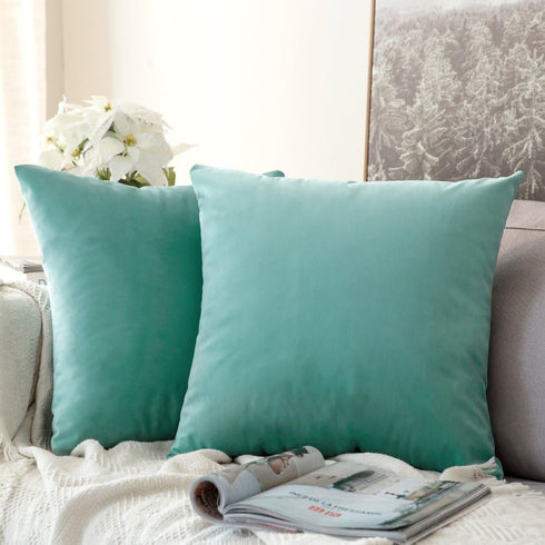 MIULEE Pack of 2 Velvet Soft Solid Decorative Square Throw Pillow Covers - 16x16 Inch Aqua Green