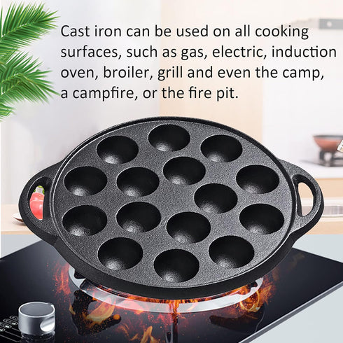WUWEOT Non-Stick Aebleskiver Pan, Pre-Seasoned Cast Iron Pancake Octopus Ball Grill, 1.5" Diameter