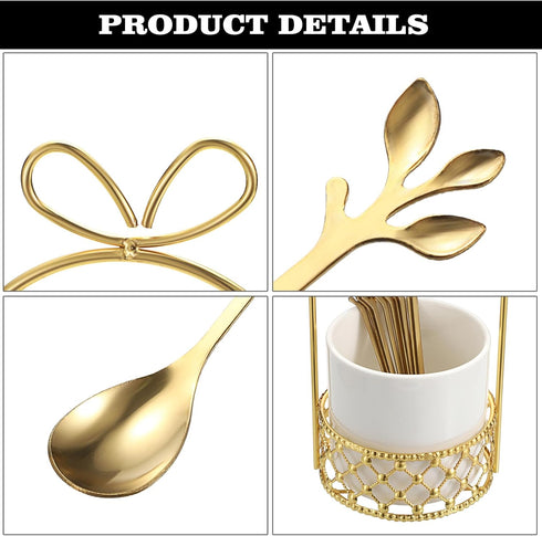 ELLDOO Coffee Spoon Set, 8 Stainless Steel Gold Leaf Coffee Spoons with White Ceramic Holder