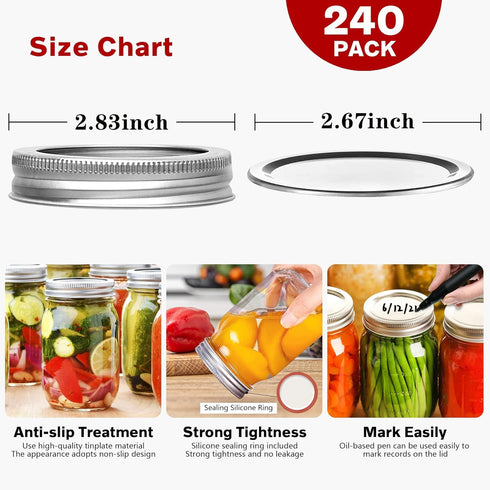 SLifeJars Canning Lids and Rings Regular Mouth, 240 Pcs 70MM Mason Jar Lids and Rings Set for Leak Proof Canning