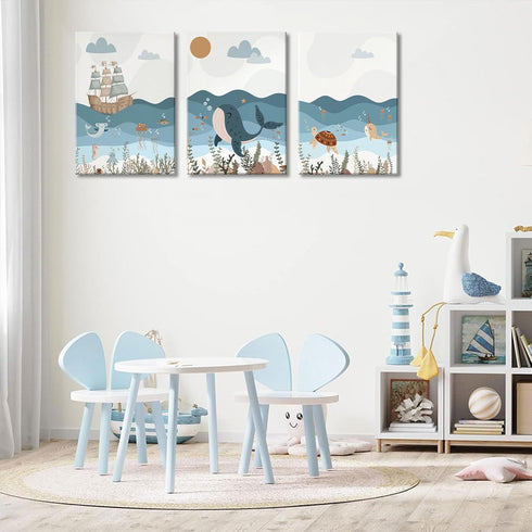 3Pcs 12x16 Inch SUAXTCCR Nautical Nursery Canvas Wall Art Blue Beach Animal Wall Decor Pictures Ocean Kids Room Sea