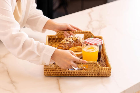 14.5" Small Hand-Woven Rattan Serving Tray with Handles Rectangular Snack Tray for Coffee Table, Fruit, Drinks, Decor