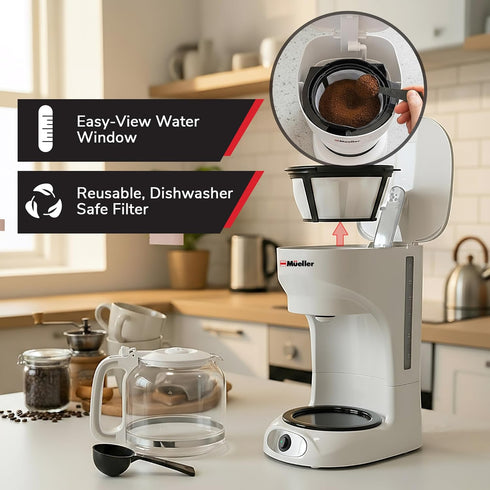12-Cup MUELLER HOME White Coffee Maker - Borosilicate Carafe, Auto-Off, Reusable Filter, Anti-Drip, Keep-Warm Function