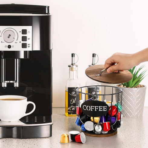 yarlung Coffee Pod Holder with Lid, Large Capacity K Cup Storage Basket with Rustic Wooden Base for Kitchen Countertop
