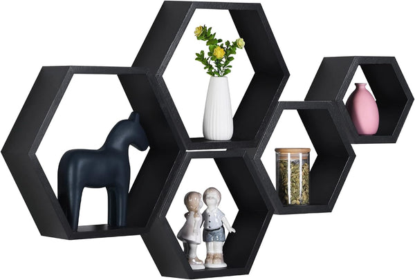 PHOENANCEE Hexagon Floating Shelves, Set of 5 Wall Mounted Wood Honeycomb Storage for Home Room Decor
