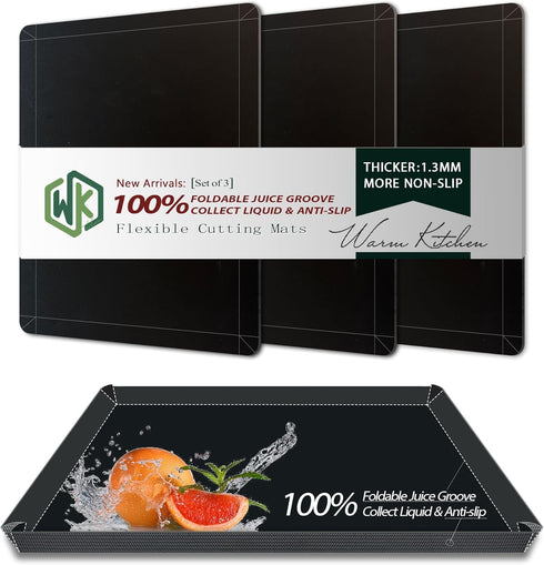 WK Extra Thick Foldable Cutting Boards with Lip, Flexible Plastic Mats for Kitchen, Non-Slip, BPA Free, Dishwasher