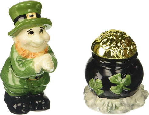 Green Leprechaun and Black Pot of Gold Tone Salt and Pepper Shakers