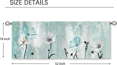 Teal Daisy Curtain Valance for Window Treatments Farmhouse Flower Floral Rod Pocket Kitchen Treatment Country Vintage Turquoise Window Drapes for Bathroom Bedroom Living Room (52x18 Inch)