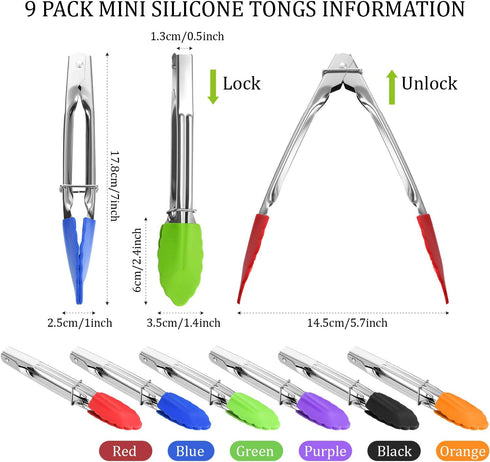 6 Pieces Mini Silicone Tip Tongs, 7 Inch Kitchen Serving Tongs, Small Metal Locking Tongs for Salad Grilling, 6 Colors