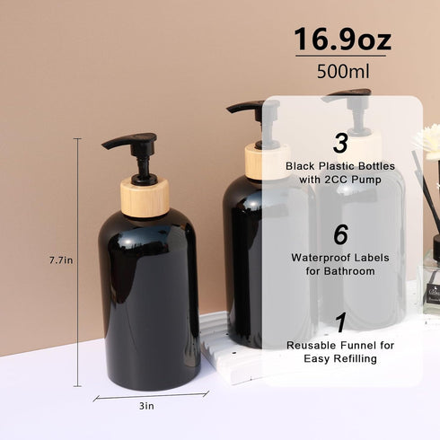Set Set 3, 16.9oz) Shampoo and Conditioner Dispenser, Refillable Plastic Shampoo Pump Bottles with Waterproof Labels